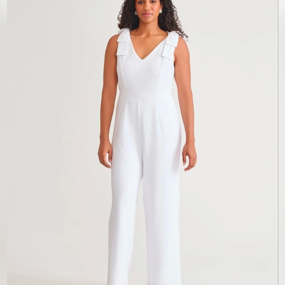 Kasper V-Neck Bow-Strap Wide Leg Jumpsuit White Size 8-14